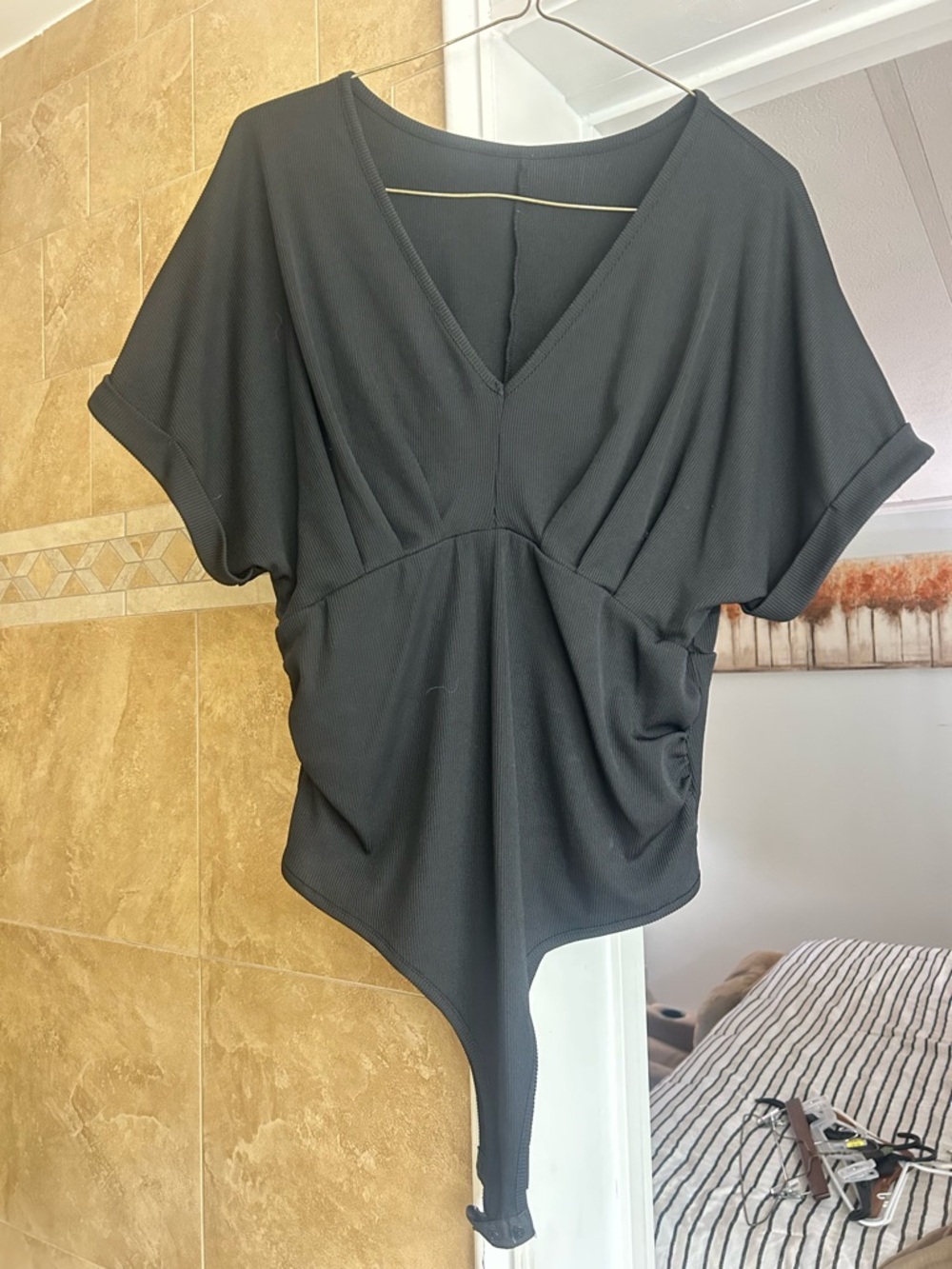 SHEIN Black Ribbed V-Neck Bodysuit